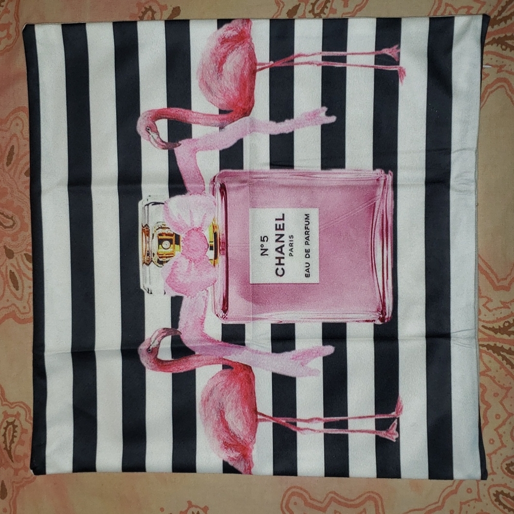Flamingo Perfume Bottle Pillow Cover. Stripes Bow - Picture 2 of 10